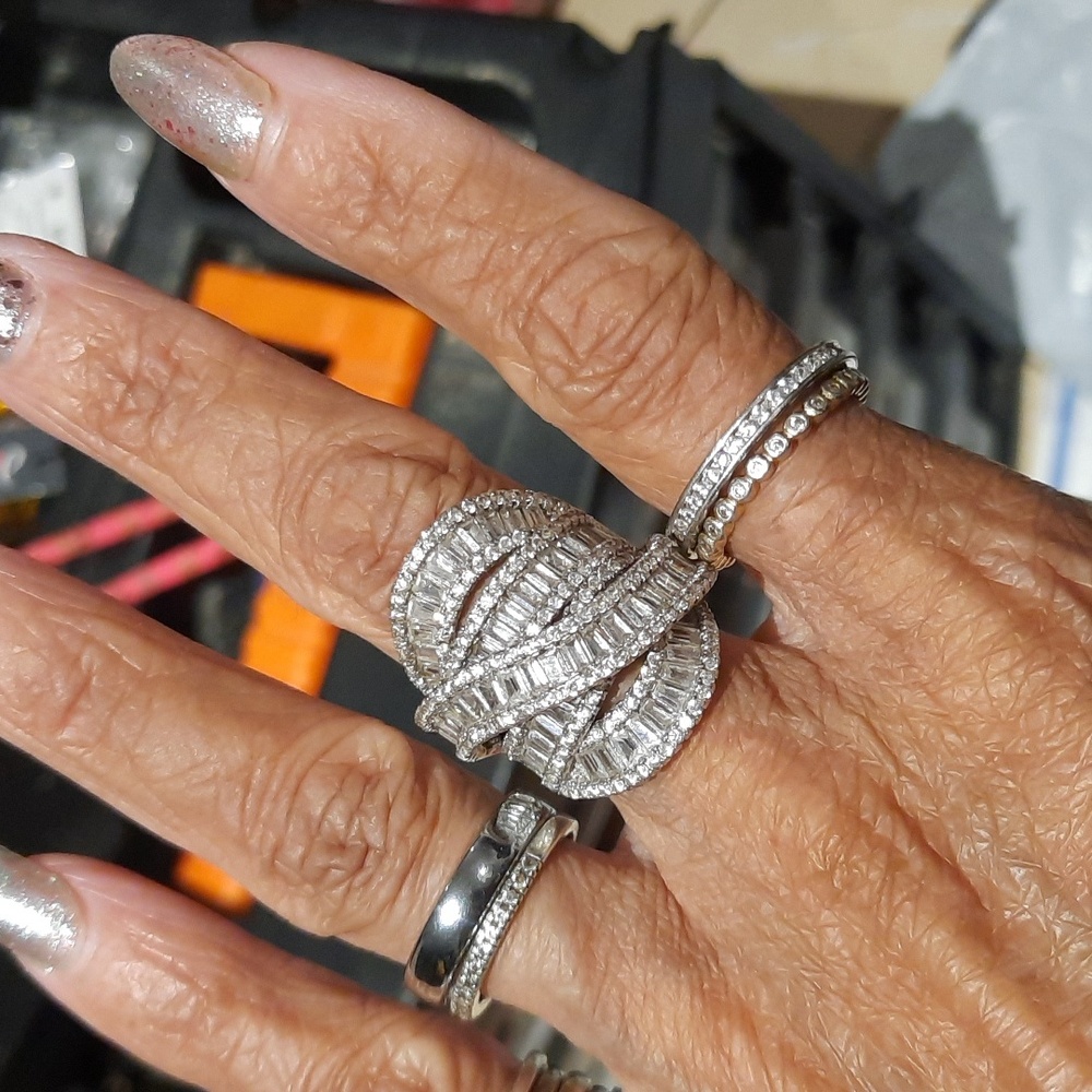 MASSIVE GENUINE STERLING SILVER MULTI ROW CROSSOVER BAGUETTES COCKTAIL RING 7